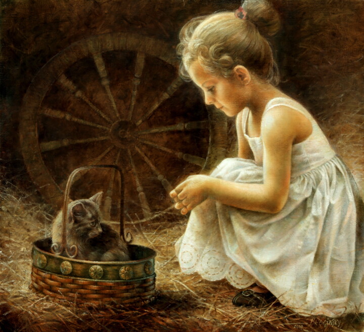 Painting titled "Girl with kitten" by Arthur Braginsky, Original Artwork, Oil