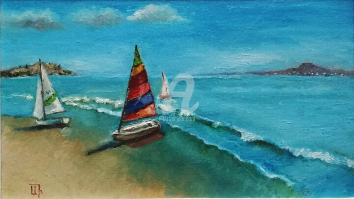 Pittura intitolato ""Azure Coast (IV)"" da Arthuris, Opera d'arte originale, Olio
