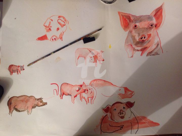 Pintura intitulada "Pig" por Sarah Artin'S, Obras de arte originais