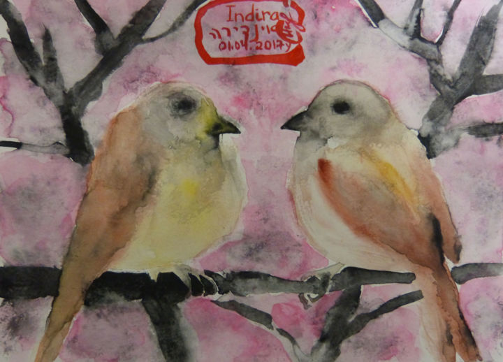 Painting titled ""Sparrows on Sakura…" by Indira Yartsev, Original Artwork