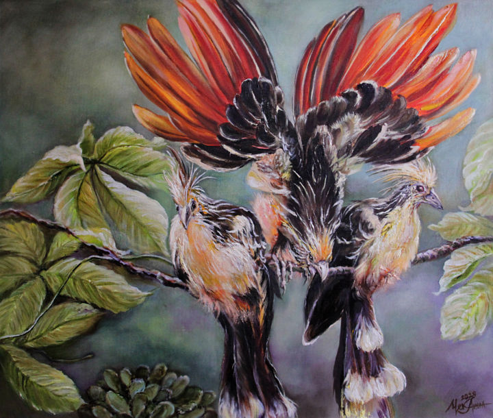 Картина под названием "Tropical birds" - Anna Chekushkina, Подлинное произведение искусства, Масло
