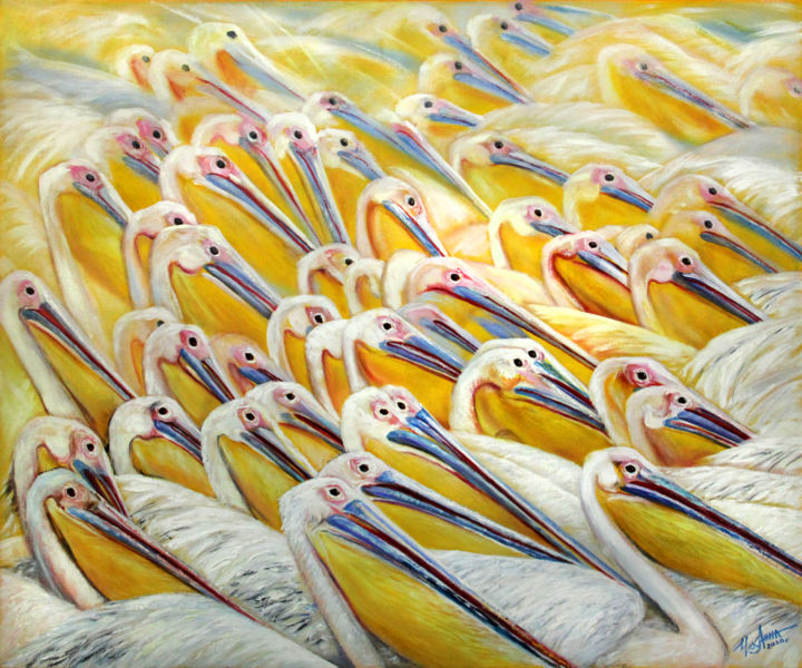 Ζωγραφική με τίτλο "Pelicans" από Anna Chekushkina, Αυθεντικά έργα τέχνης, Λάδι