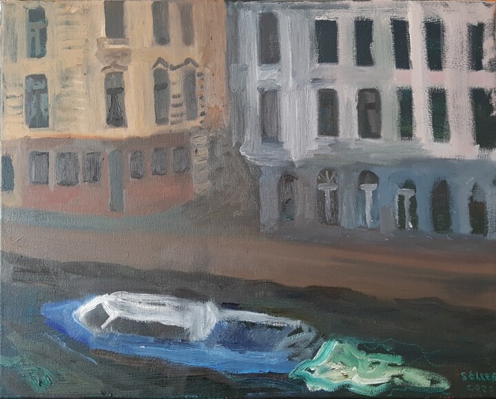 Painting titled "Canal" by Irina Seller, Original Artwork, Oil Mounted on Wood Stretcher frame