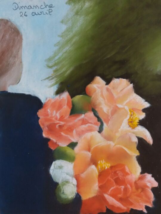 Dessin intitulée "...avec des fleurs!" par Isabelle Tanguy, Œuvre d'art originale, Pastel