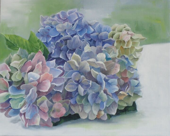 Peinture intitulée "Bouquet d'hortensias" par Isabelle Tanguy, Œuvre d'art originale, Huile Monté sur Châssis en bois