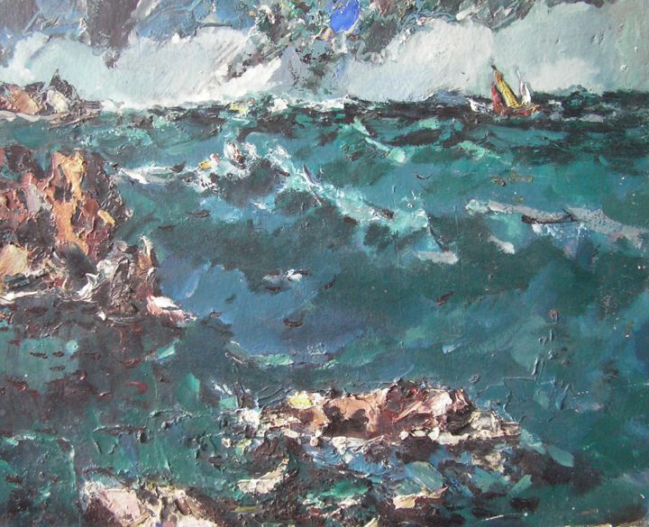 Картина под названием "Вечер у моря" - Владимир Филатов, Подлинное произведение искусства, Масло