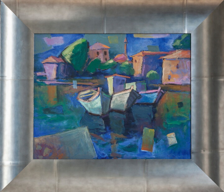 Painting titled "Harbor" by Alexander Abramovich Andreev, Original Artwork, Oil Mounted on Wood Stretcher frame