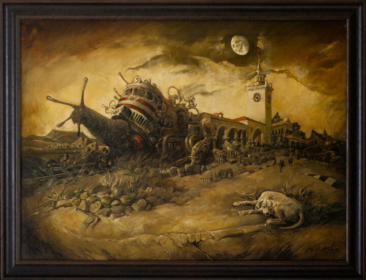 Schilderij getiteld "Вечерний поезд" door Yuri Laptev, Origineel Kunstwerk, Olie Gemonteerd op Frame voor houten brancard