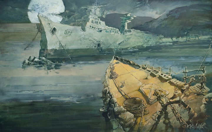 Painting titled "Sleeping ships" by Yuri Laptev, Original Artwork, Oil Mounted on Wood Stretcher frame