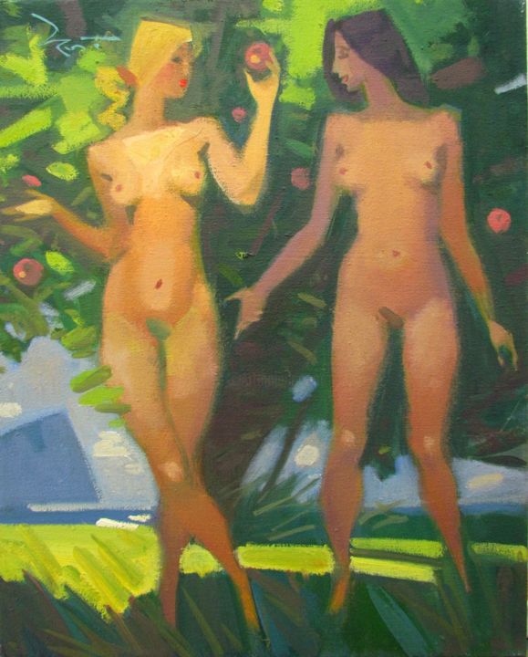 Ζωγραφική με τίτλο "Адам и Ева" από Валентина Григорьева, Αυθεντικά έργα τέχνης, Λάδι Τοποθετήθηκε στο Ξύλινο φορείο σκελετό