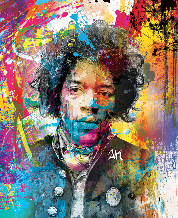 Digital Arts titled "Jimi Hendrix" by 2kyff, Original Artwork, Digital Painting Mounted on Wood Stretcher frame