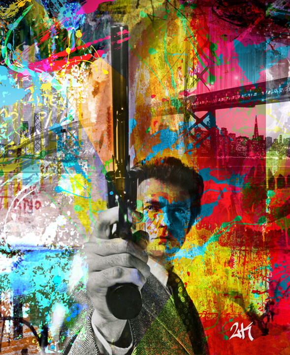 Digital Arts titled "Inspecteur Harry" by 2kyff, Original Artwork, Digital Painting Mounted on Wood Stretcher frame