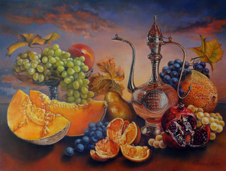 Painting titled "Still life with fru…" by Andrew Vlasov, Original Artwork, Oil