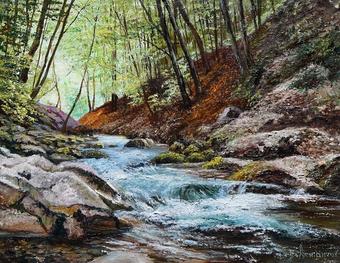 Painting titled "поющая река" by Astapchik Vladimir, Original Artwork, Oil