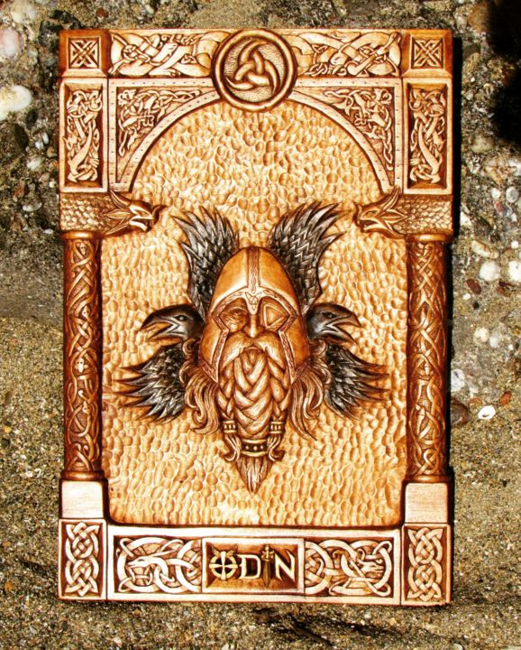 Sculpture titled "ODIN Hugin et Munin" by Joe Amarok, Original Artwork, Wood