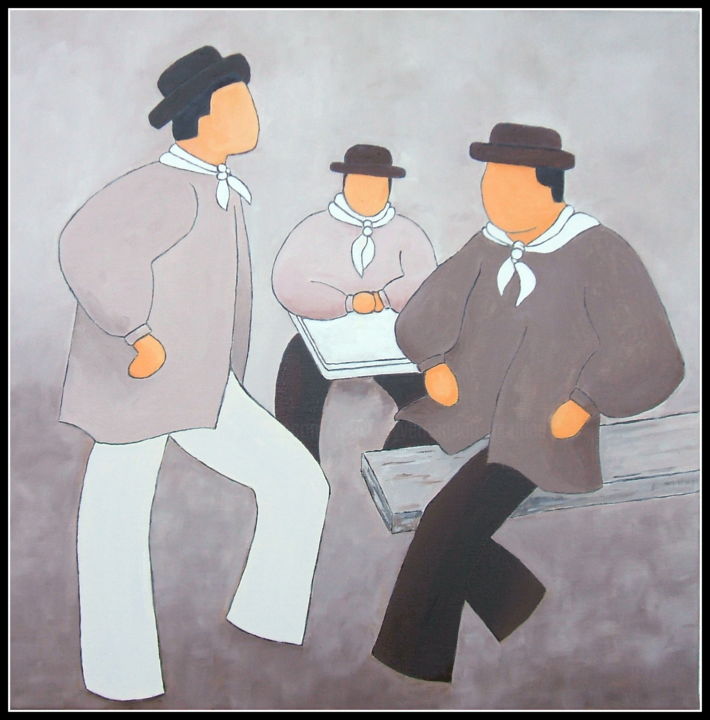 Painting titled "Discussion ou Les 3…" by Jacques Yvernogeau, Original Artwork, Oil