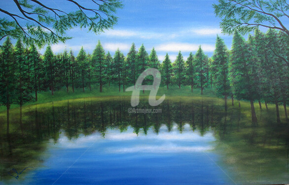 Painting titled "Lac" by Salem Bourega, Original Artwork, Acrylic