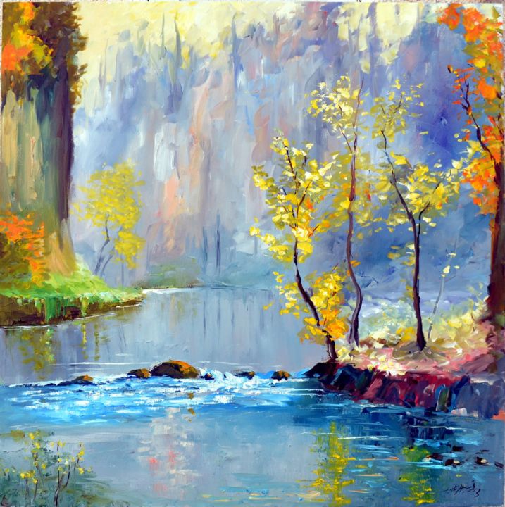 Painting titled "la-riviere" by Nejib Zneidi, Original Artwork, Oil Mounted on Wood Stretcher frame