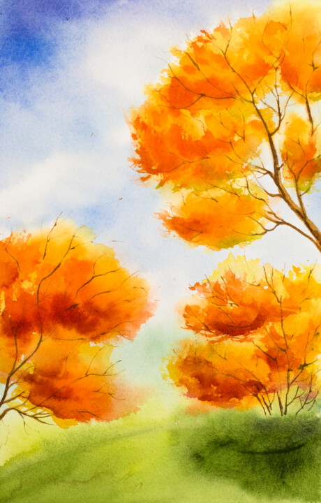 Digitale Kunst getiteld "Autumn Yellowish Tr…" door Artistic Paradigms, Origineel Kunstwerk, Aquarel