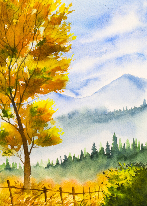 Digital Arts titled "Camboge Maple Leaves" by Artistic Paradigms, Original Artwork, Watercolor