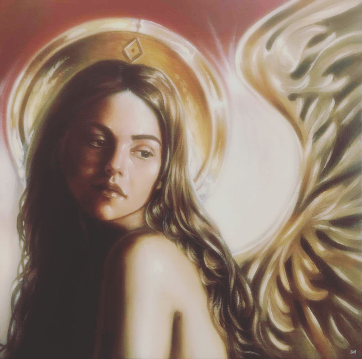 Painting titled "Angel" by Carmelo Fabio D'Antoni, Original Artwork, Oil Mounted on Wood Panel