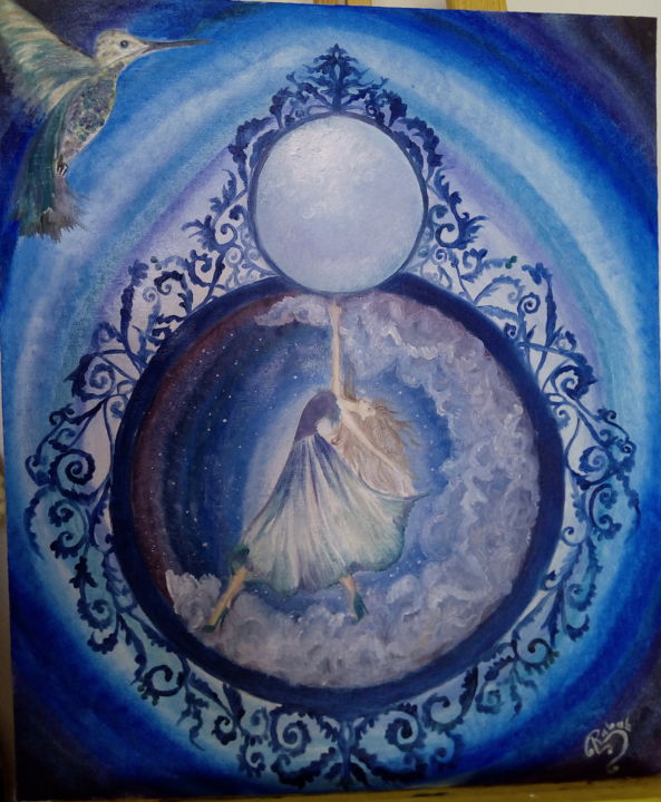 Painting titled "Danser sous la lune" by Rabab Ben, Original Artwork, Oil