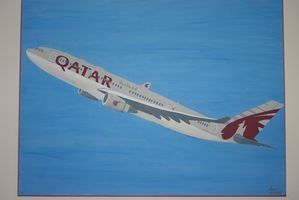 Painting titled "Qatar A330" by Artisticpurple, Original Artwork, Oil