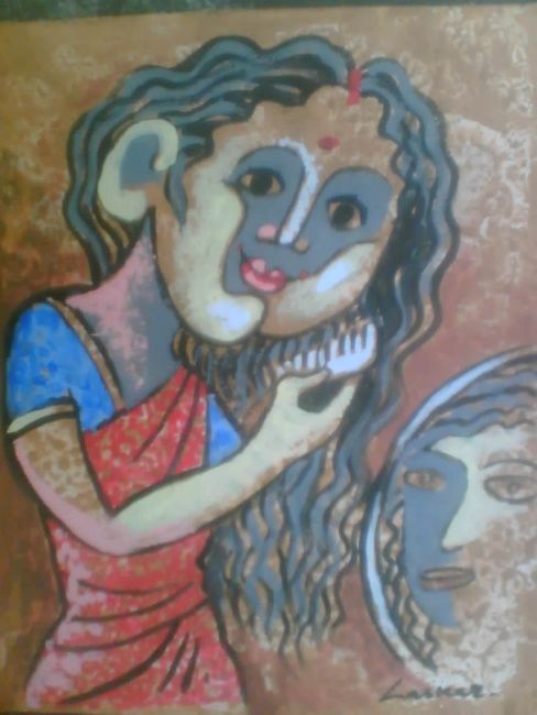 Картина под названием "INFRONT OF MIRROR" - Indian Artist Sibsankar S Painting, Подлинное произведение искусства
