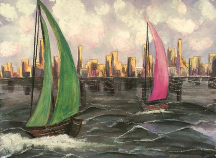 Painting titled "Sailing By A City" by Artistry By Ajanta, Original Artwork, Watercolor