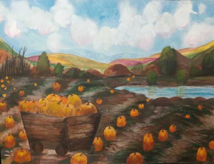 Painting titled "A Lot Of Pumpkins" by Artistry By Ajanta, Original Artwork, Watercolor