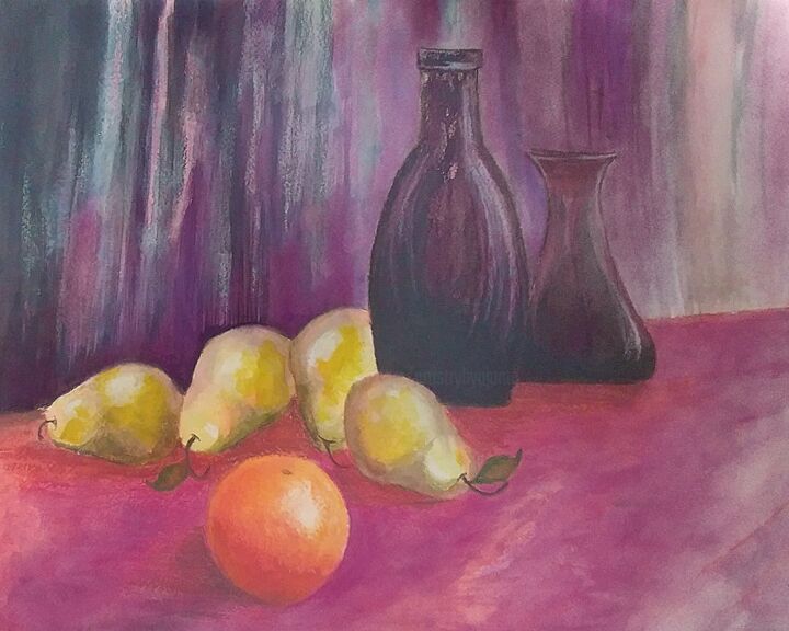 「An Orange And Pears」というタイトルの絵画 Artistry By Ajantaによって, オリジナルのアートワーク, 水彩画