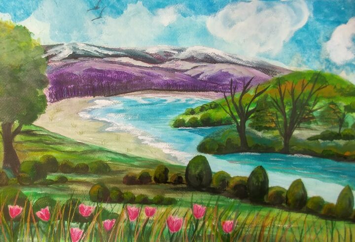 Painting titled "A May Landscape" by Artistry By Ajanta, Original Artwork, Watercolor
