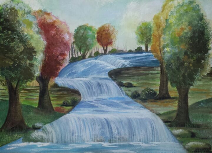 Malerei mit dem Titel "Refreshing Waterfal…" von Artistry By Ajanta, Original-Kunstwerk, Aquarell