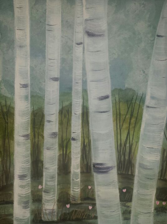 Painting titled "Tall Standing Trees" by Artistry By Ajanta, Original Artwork, Watercolor