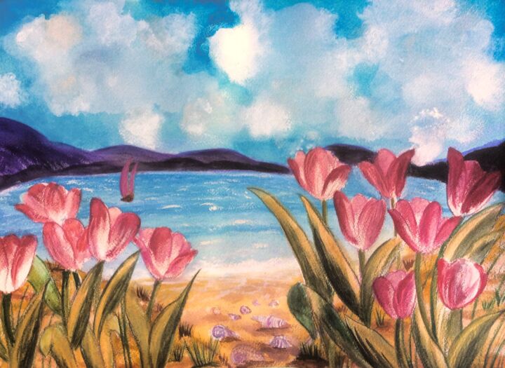 Malerei mit dem Titel "Tulips And Shellfish" von Artistry By Ajanta, Original-Kunstwerk, Aquarell