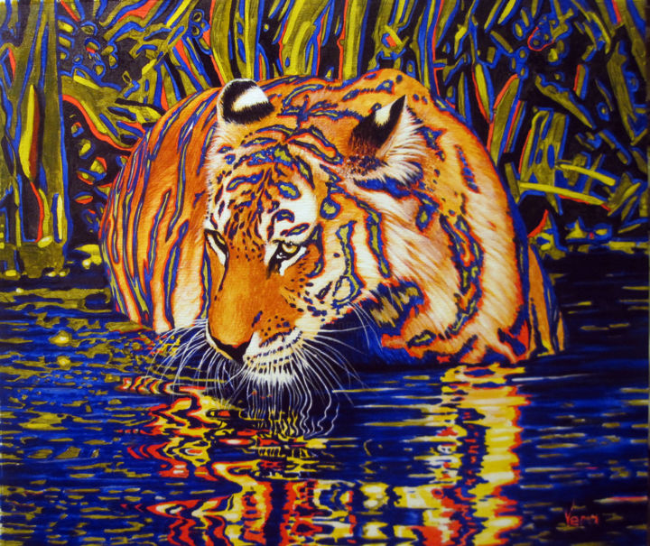 Painting titled "Tiger in the river" by Sergey And  Vera, Original Artwork, Acrylic