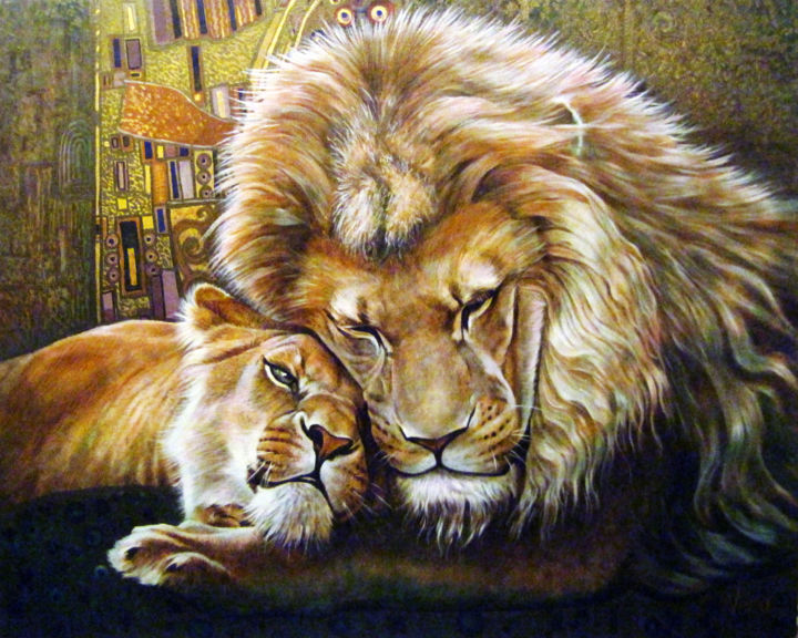 Painting titled "Lion love" by Sergey And  Vera, Original Artwork, Oil