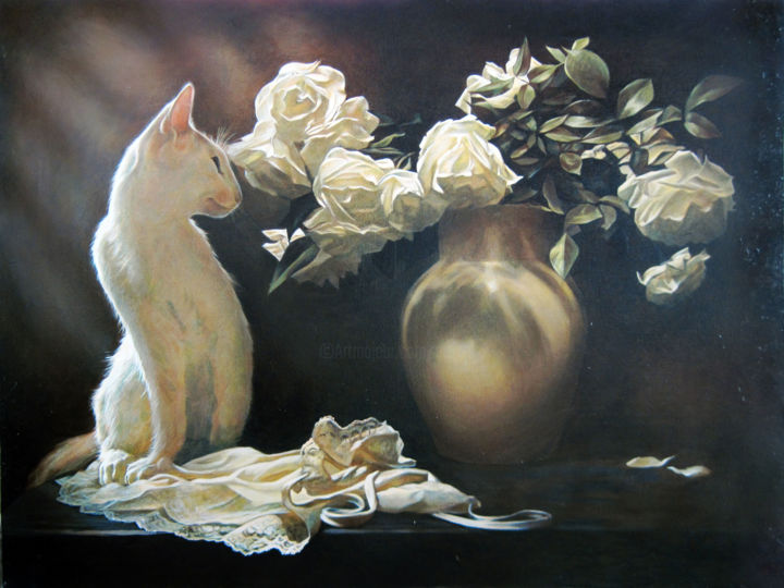 Schilderij getiteld "Still life with cat" door Sergey And  Vera, Origineel Kunstwerk, Olie