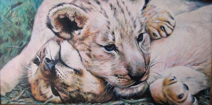 Painting titled "Lion cubs" by Sergey And  Vera, Original Artwork, Oil Mounted on Wood Stretcher frame