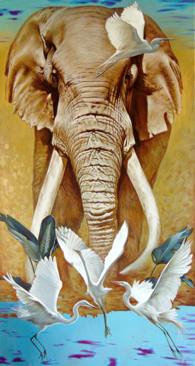 Painting titled "Elephant" by Sergey And  Vera, Original Artwork, Oil Mounted on Wood Stretcher frame