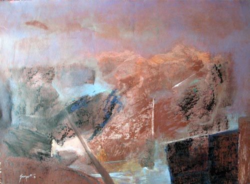 Schilderij getiteld "mountain in mist 02" door Sampat Nayakawadi, Origineel Kunstwerk
