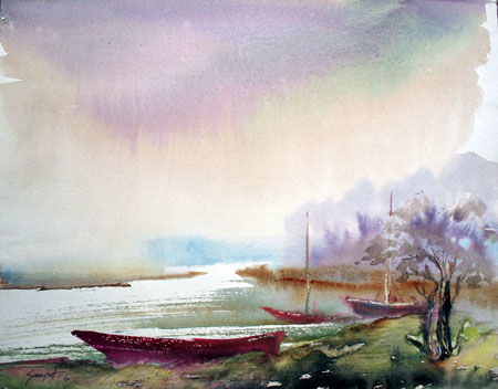 Schilderij getiteld "Landscape 012" door Sampat Nayakawadi, Origineel Kunstwerk, Olie