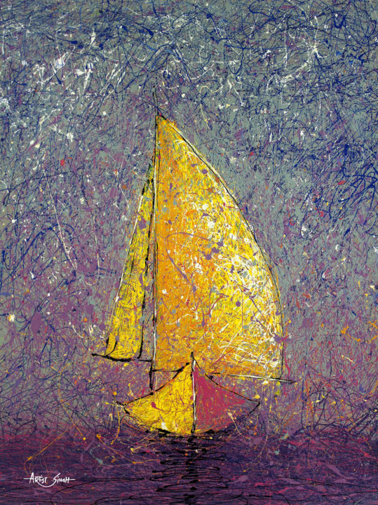 Painting titled "Sailing in purple w…" by Artist Singh, Original Artwork