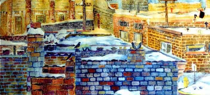 Painting titled "Snow on the Roof" by Newman Mindy, Original Artwork, Other