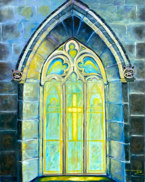 Картина под названием "Gothic Window" - Vicky Patrikakos, Подлинное произведение искусства, Масло Установлен на Подрамник