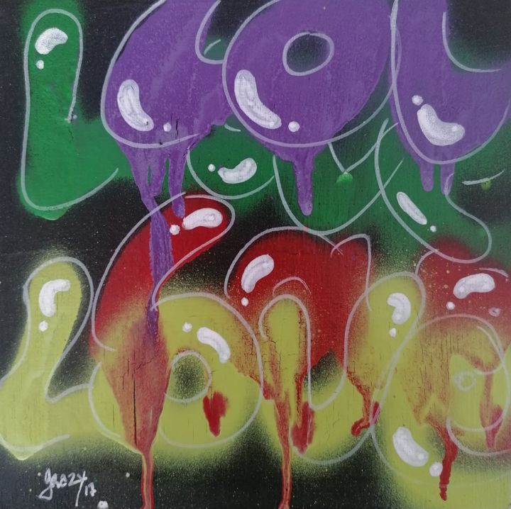 Painting titled "LoV&" by Grazy B, Original Artwork, Spray paint Mounted on Wood Panel