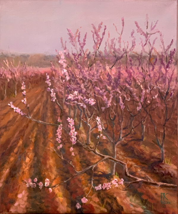 Painting titled "Spring garden." by Artkaminskaya, Original Artwork, Oil Mounted on Wood Stretcher frame