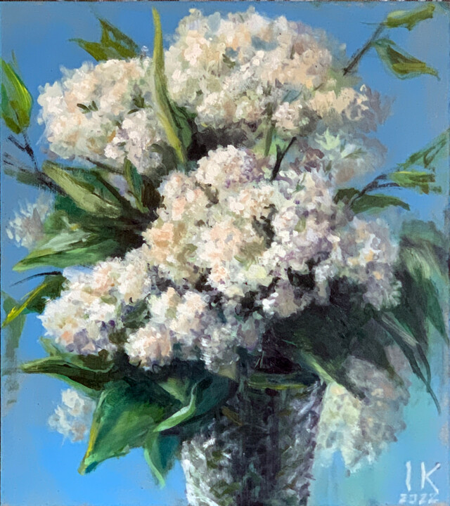 Painting titled "White lilac." by Artkaminskaya, Original Artwork, Oil Mounted on Wood Panel
