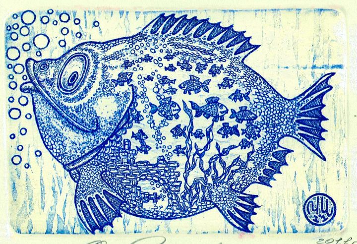 Gravures & estampes intitulée "fish aquarium" par Ivan Kelarev, Œuvre d'art originale, Gravure