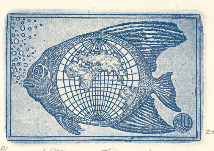 Druckgrafik mit dem Titel "fish globe" von Ivan Kelarev, Original-Kunstwerk, Gravur